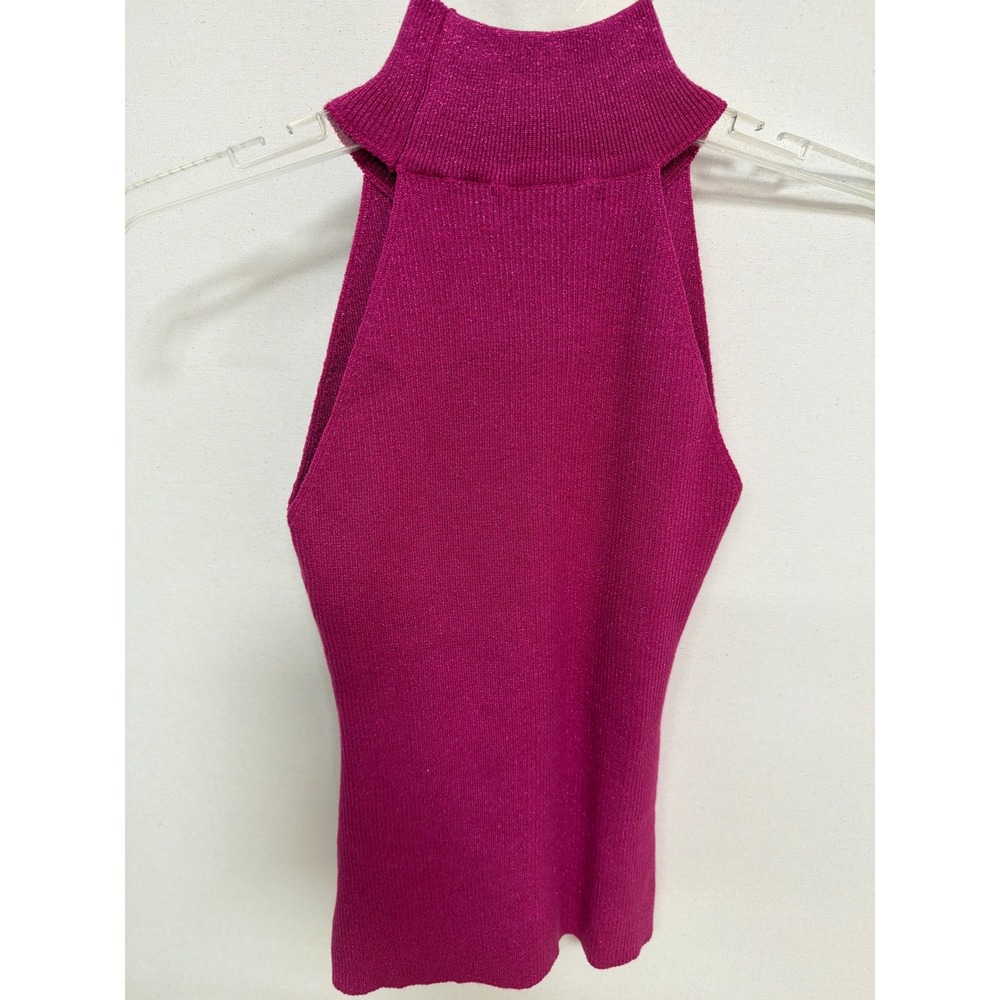 Blush Noir Magenta Metallic Ribbed Mock Neck Halter Sleeveless Knit Top Small